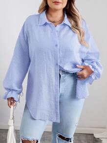 SHEIN CURVE+ Curves 大码返校季/返校季大码反季弧形下摆衬衫，秋冬长袖粉色条纹，女教师款，秋季女装 - 藍色 - 查看 9