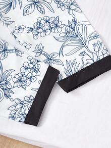 Set de pijama casual de 2 piezas con top de bloques de color y pantalones de corte relajado con estampado floral completo para niñas, primavera/verano