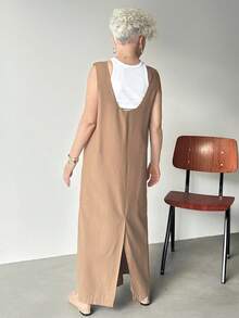 FRIFUL Vestido sin mangas con cremallera y decoración de unicolor caqui para mujer, otoño - Caqui - Ver 5