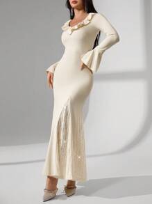 Modelyn Vestido elegante de mujer con hombros descubiertos, volantes, mangas acampanadas, parches y cola de pez en unicolor - Albaricoque - Ver 3