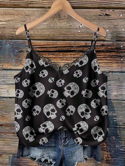 Mellowie Plus Size Halloween Casual Skull Print Camisole Top, Suitable For Summer Vacation, Festivals, Halloween Costume, Sexy, Sexy Halloween Costume Lace Trim Camisole Skull Camisole Goth Camisole Cami Tops