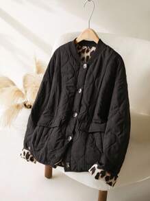 CosyJoli Plus Size Casual Leopard Print Contrast Color Woven Lightweight Jacket Winter Fall Autumn - Black - View 7