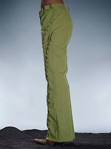 MUSERA Lace Up Detail Denim Jeans Summer Sexy Festival Holiday Ibiza Rave Boho Cut Out Vacation Escapade Y2k Fall Autumn Winter Nashville Chic Spring - Army Green - View 3