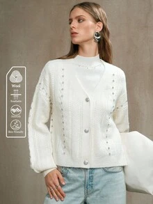 Revavyn Revavyn Damen Woll-Garn Stoff Cardigan mit Perlenverzierung, Drop-Shoulder, Langarm Kurz-Cardigan für tägliche Fahrten, Schule im Herbst, Ausgehen, Weiß - Aprikosenfarben - Übersicht 3