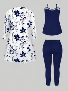 大码复古优雅花卉女士秋季三件套衣服 - 彩色 - 查看 2