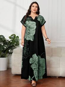 Modelyn فستان عربي أنيق بطبعات زهرية لأحجام كبيرة، صيفي - أخضر - مشاهدة 4