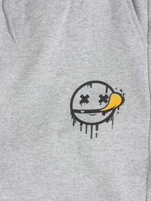 RueChic Men Smile Printed Elastic Drawstring Waist Regular Sweatpants - Grey - View 4