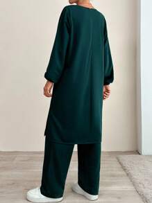 RueChic 100% Cotton Comfortable And Chic Long Sleeve Rhinestone Printed Long Blouse & Pants Jersey Set - Green - View 2