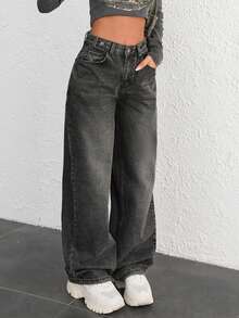 EURMUSE 100% COTTON HIGH WAIST BUTTON DETAILED WIDE LEG JEAN Low Rise Jeans Baggy - Black - View 4