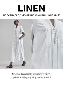 Ontre 2025 亚麻面料秋冬四季连衣裙，秋冬服装，返校装，万圣节服装，圣诞节服装，女教师制服，夜间外出连衣裙，商务休闲长款连衣长裙，飘逸流苏和蕾丝边，加大码 - 白色 - 查看 3