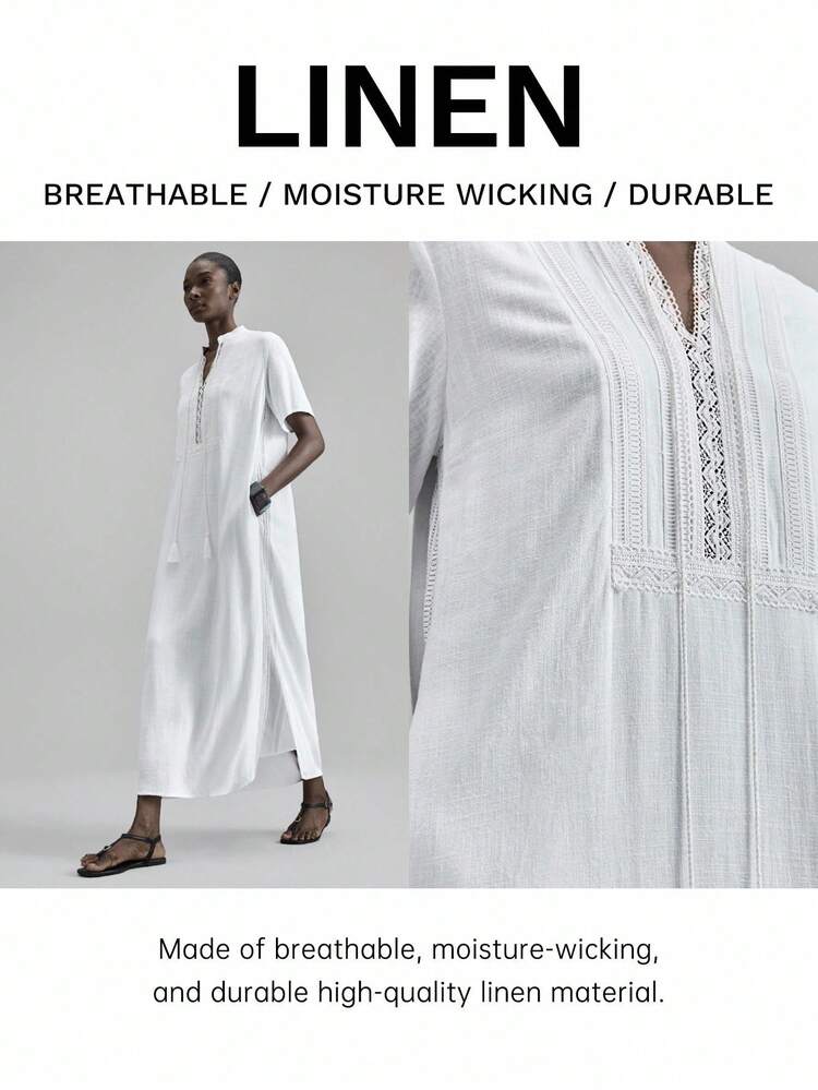 2025 Linen Fabric Autumn/Winter All Season Dress, Fall/Winter Clothing, Back To School, Halloween Outfit, Christmas Attire, Women's Teacher Uniform, Night Out Dress, Business Casual Long Maxi Dress With Flowy Tassel & Lace Trim, Plus Size