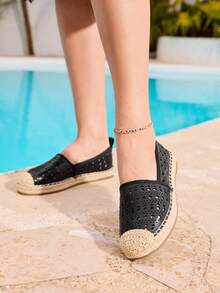Styleloop 女士平底编织鞋，波西米亚风格度假装 - 黑色 - 查看 5