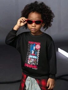 Transformers X SHEIN Niño pequeño casual de uso diario, sudadera holgada con gráfico de robot y letras de estilo caído, para otoño/primavera - Negro - Ver 1