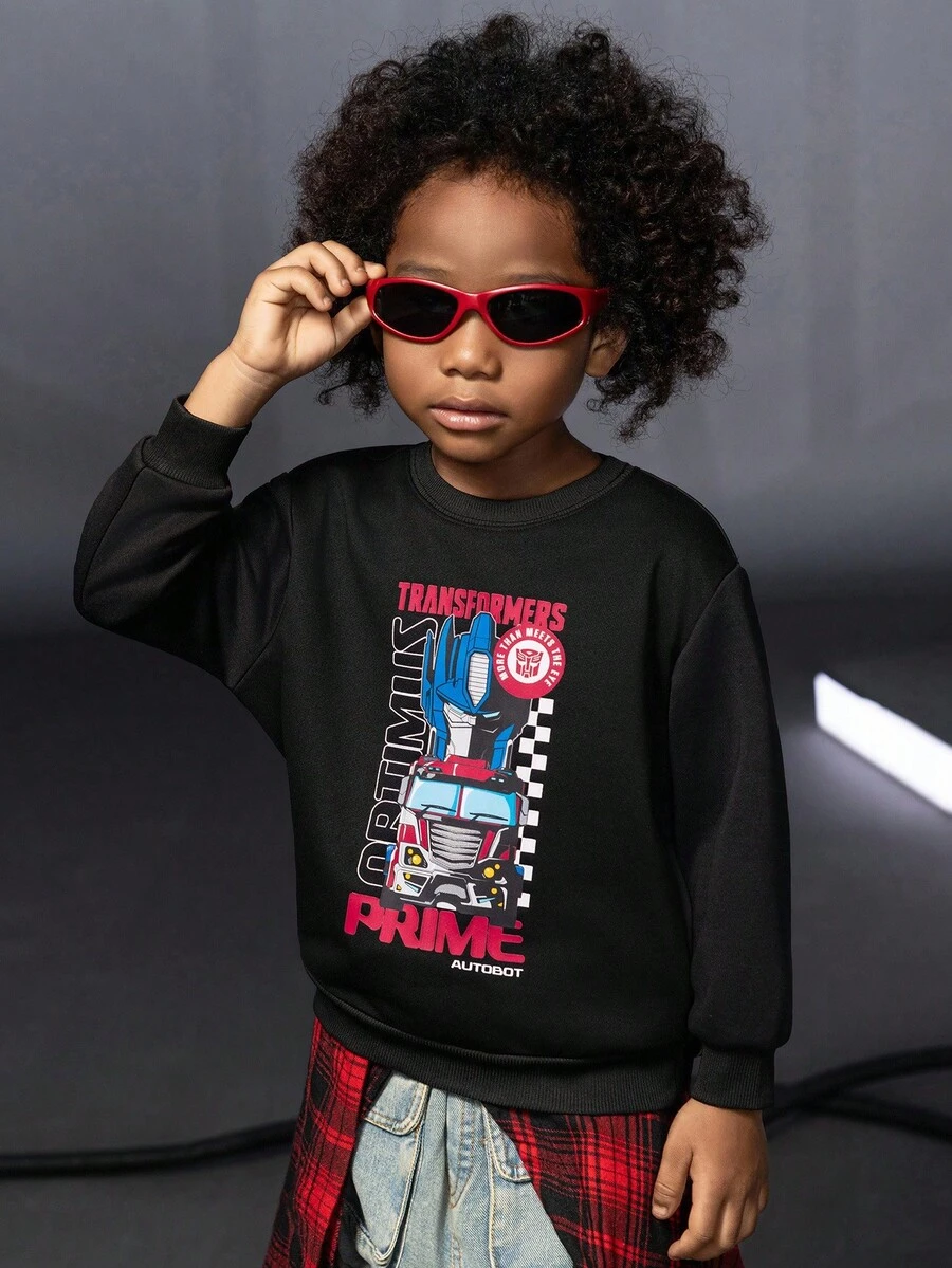 Transformers X SHEIN Niño pequeño casual de uso diario, sudadera holgada con gráfico de robot y letras de estilo caído, para otoño/primavera - Negro - Ver 1