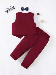 SHEIN 3 件套年轻男孩绅士正装，包括背心、领结和裤子，适合婚礼、婚礼宾客、花童、戒童，秋冬 - 酒紅色 - 查看 2