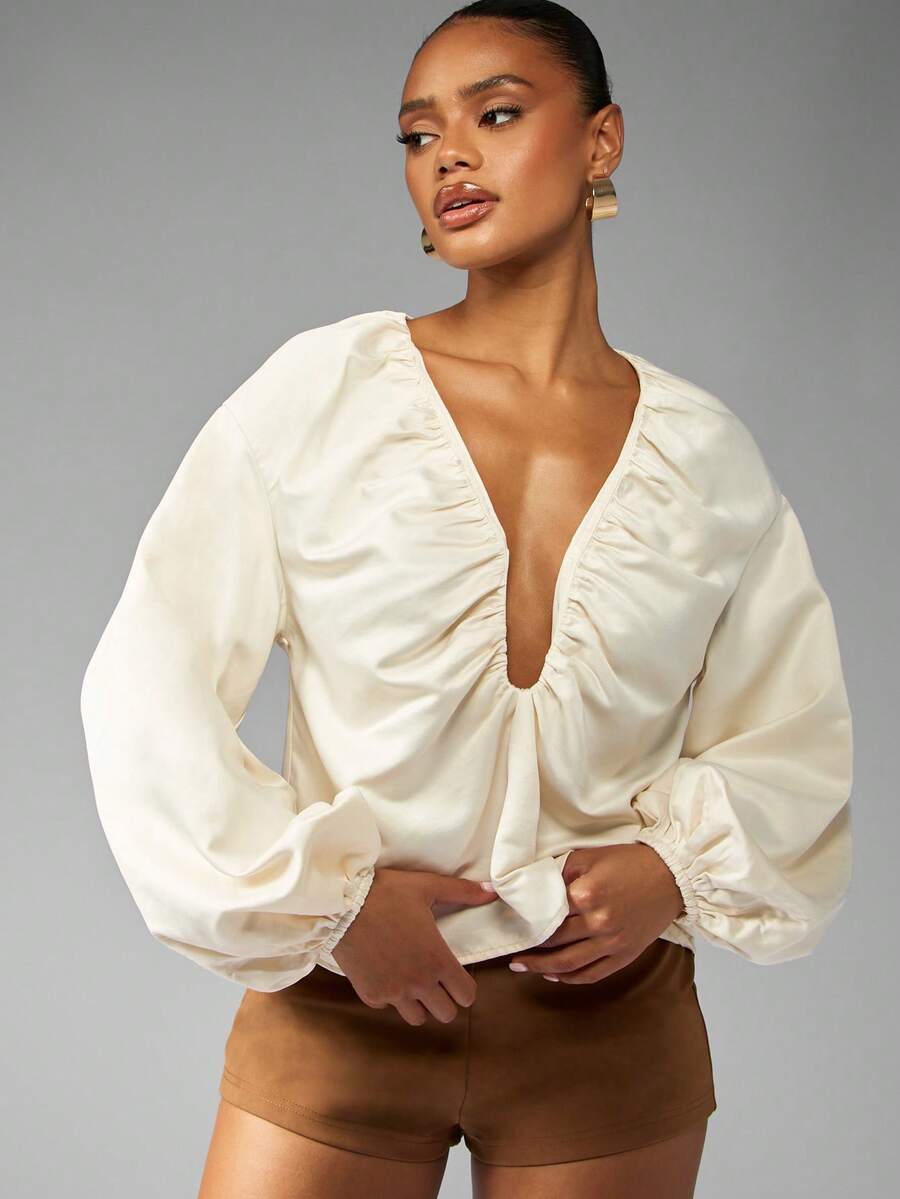 MISSGUIDED 优雅长款灯笼袖褶皱前开襟衬衫 V 领系带前开襟上衣 节日派对晚会特殊场合个性时尚上衣 - 杏色 - 查看 1