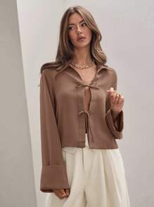 COSMINA Women's Plain Khaki Front Tie Long Sleeve Minimalist Business Casual Work Shirt, Casual Daily Wear FAll,Fall Tops,Elegant Women's Blouses - Brown - View 8