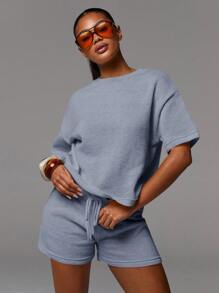 Athîral 女士针织休闲两件套T恤和短裤套装 - 藍色 - 查看 1