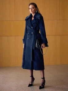 MOTF PREMIUM WOOL DOUBLE BREASTED BELTED OVERCOAT - Navy Blue - View 7