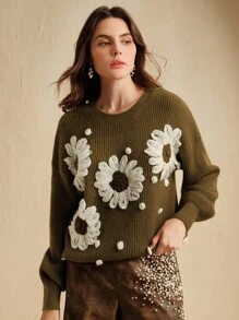 Anewsta Áo len cổ tròn thêu, Áo len dài tay thời trang và đa năng dành cho nữ, Thu/Đông - Màu xanh Ô liu - Xem 1