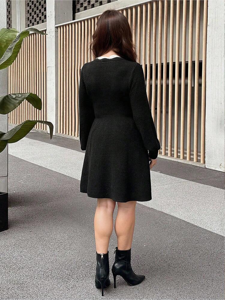 New Years Dress Women Contrast-Color Wave V-Neck Sweater Dress
