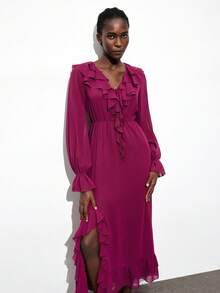 Maija Women's Magenta Chiffon Elegant V-Neck Long Sleeve Ruffle Dress,Autumn Semi-Sheer Textured Tie Waist Asymmetric Hem Boho Dress,Bar Party Casual Outfit - Red Violet - View 5