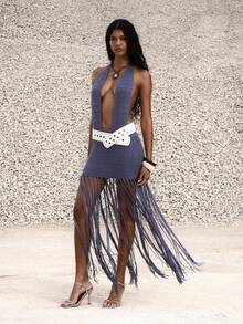 MUSERA Vestido maxi elegante de punto con escote pronunciado, cuello halter y flecos, ideal para otoño y vacaciones - Azul - Ver 5