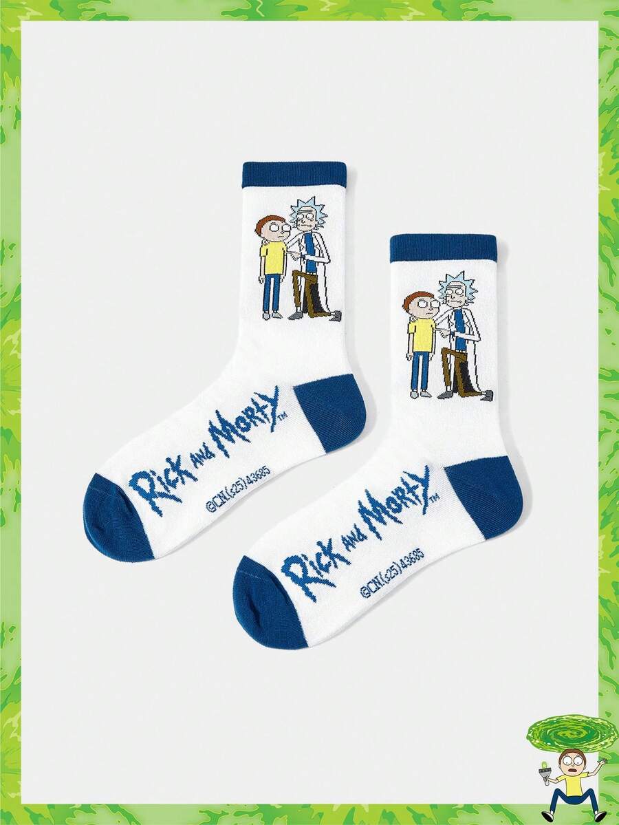 Rick and Morty X SHEIN 1 par de calcetines cómodos de media pantorrilla con contraste de color, letras y figuras de dibujos animados para mujeres - Blanco y Negro - Ver 1