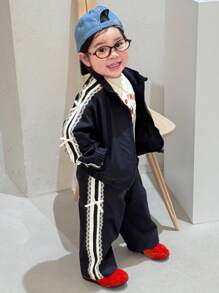 DAZY Conjunto de chaqueta casual de estilo coreano con lazo de unicolor para bebés niñas en otoño/invierno - Azul Marino - Ver 1