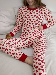RueChic 2pcs Cotton Contrast Heart Printed With Rib Cuff Detail Homewear Pajama Set, Suitable For Christmas - Red and White - View 4