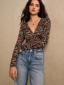 Poéselle Vintage Ditsy Blumen Knotenshirt mit Langarm, 90er Jahre Y2K Crop Top Essentiell, Lässig Chic Streetwear, einfach und modisch, geeignet für den täglichen Gebrauch, Ausgehen, Pendeln, Dates, Zuhause und andere Anlässe - Schwarz - Übersicht 8