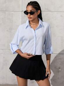 Jeanoix Women's Striped Drop Shoulder Casual Front Button Long Sleeve Shirt, Versatile For Summer Fall Cloth For Women - Baby Blue - View 6