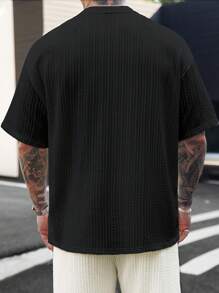 Manfinity Homme Men's Casual Solid Color Knitted Jacquard Fabric Short Sleeve T-Shirt, Summer - Black - View 2