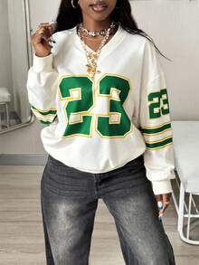 Coolane Women's Fall/Winter Cool Girl Streetwear Going Out Sport Number Pattern Graphics Comfortable Beige Long Sleeve Jersey Sweatshirt