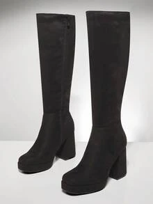 SHUZIA 女士迷人舒适仿麂皮方头厚底及膝靴，内有拉链 - 黑色 - 查看 6