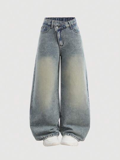 SHEIN Girlism 青少年女孩 Y2k 时尚休闲复古蓝色斜腰设计宽松舒适牛仔裤，适合女孩日常穿着和四季青少年女孩服装