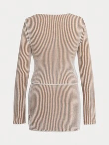 Lunelith SHEIN Lunessa 2pcs Colorblock Vertical Striped Long Sleeve Knit Cardigan And Mini Skirt Set For Women Fall Winter Cloth For Women