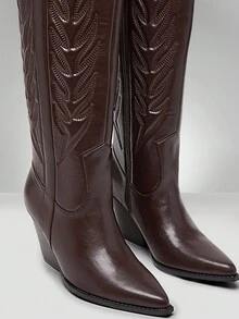 Solezae Women's Glamorous Comfortable Pointed Toe Block Heel Embroidery Knee High Boots - Maroon - View 6