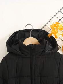 SHEIN 青少年女孩简约舒适百搭宽松纯色高领口袋抽绳腰部可调节连帽绗缝长款棉衣 - 黑色 - 查看 15