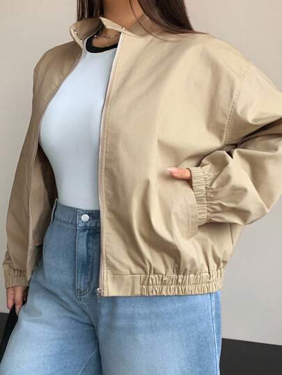 Dazy Plus Chaqueta con cremallera de manga larga y unicolor para mujer de talla grande, abrigo de estilo casual de calle para mujer