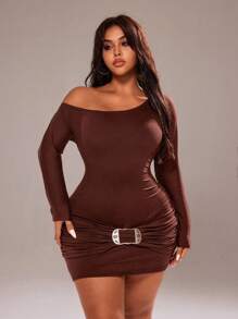 Rustia Sexy Bodycon Asymmetric Shoulder Ruched Waist Mini Dress Fall Cloth For Women - Brown - View 3