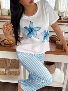 SHEIN 2 件女式花卉印花短袖上衣和条纹长裤睡衣套装，春夏季女士夏季睡衣套装女士夏季休闲套装蓝白睡衣女士睡衣套装花卉睡衣套装女士睡衣套装女士睡衣套装 - 彩色 - 查看 4