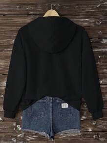 EMERY ROSE 休闲简约心形印花抽绳连帽衫，宽松厚款女式运动衫，秋冬女式连帽衫，黑色连帽衫，女式心形连帽衫，女式连帽衫，女式拉链连帽衫，秋季