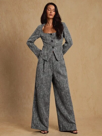 Glamine Women's Elegant Tweed Gray Long Sleeve Shirt + Elegant Wide Leg Gray Pants 2 Pieces Set, Suitable For Office, Daily Wear, Autumn/Winter Fall Cloth For Women