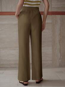 MOTF PREMIUM PANTALONES DE PIERNA ANCHA CON PLIEGUES, BOLSILLOS SESGADOS Y CINTURA CON CORDÓN - Café integral - Ver 3