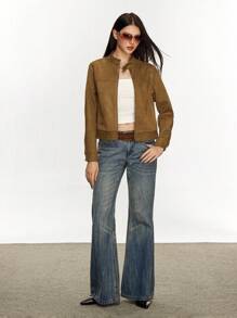 Rina Fox 女士时尚休闲复古简约浪漫优雅街头拉链口袋夹克 - 咖啡棕 - 查看 2