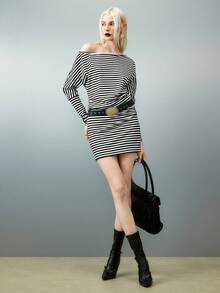 Airlisse Black Striped Off-Shoulder Long Sleeve Dress - Black and White - View 3