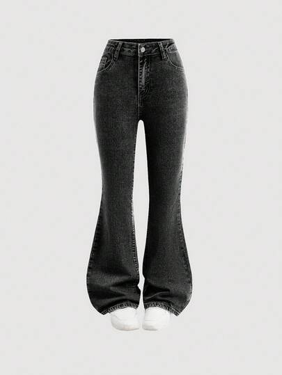 SHEIN Girlism 青少年女孩 Y2K 2000 年代复古石洗牛仔喇叭裤，女孩秋季服装返校街头服饰