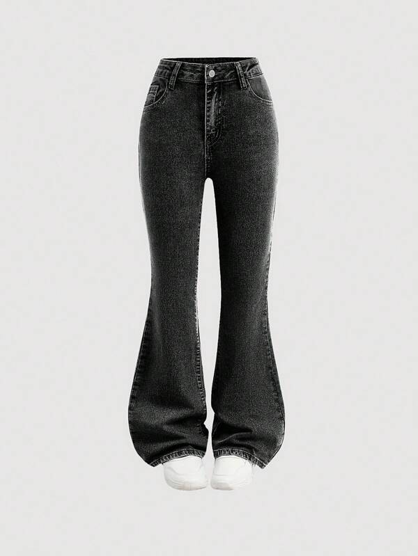 SHEIN Girlism Tween Girls Y2K 2000s Retro Stonewashed Vintage Denim Flare Leg Jeans Pants,Girls Fall Clothes Back To School Streetwear Outfits, Flare Jeans, Bellbottoms Jeans, Black Flare Jeans, Black Bellbottoms, Flared Jeans Winter