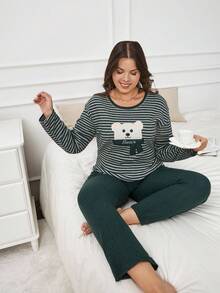 RueChic 2 pièces Ensemble de pyjama grande taille 100% coton rayé avec détail de broderie d'ours - Vert - Voir 5